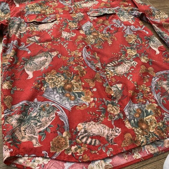 Hunt Club Women's Medium Red Nature Themed Collared Long Sleeve Button Up Top - Picture 16 of 16
